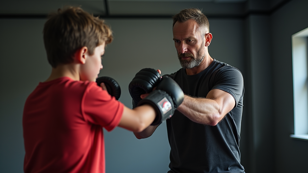 Close-up view of a Krav Maga instructor demonstrating a defensive move to a young student