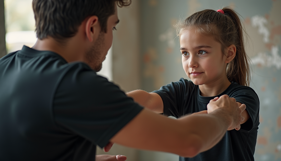 Kid learning self defence with instructor