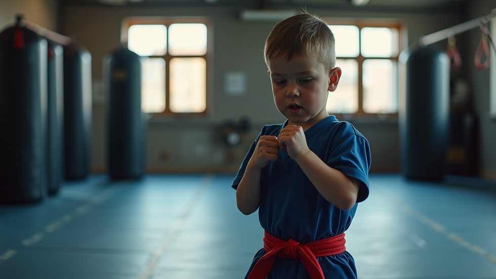 Eye-level view of a child practicing a Krav Maga stance in a training hall