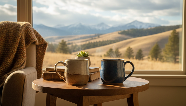 Two mugs on a small table signalling the sense of ease that therapy with Oak and Ivy Counseling brings.