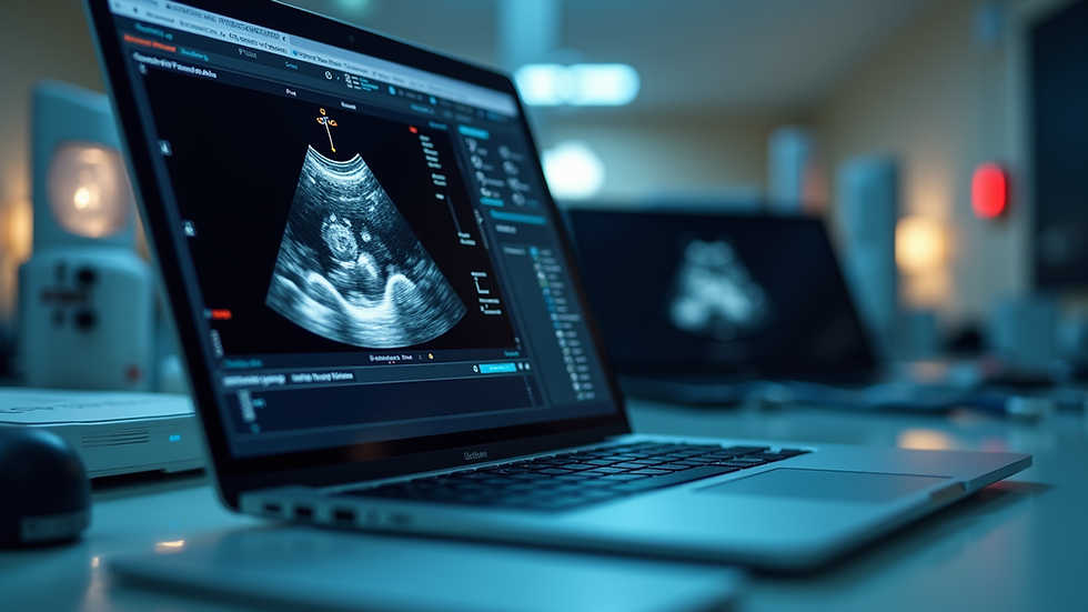 Eye-level view of a laptop displaying an ultrasound training module