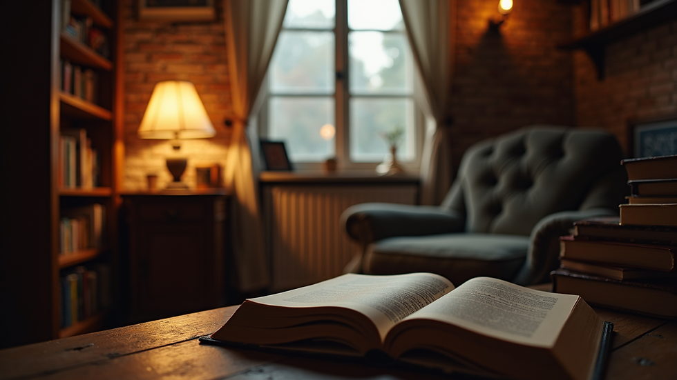 Eye-level view of a cozy reading nook with a stack of mystery novels and a warm lamp
