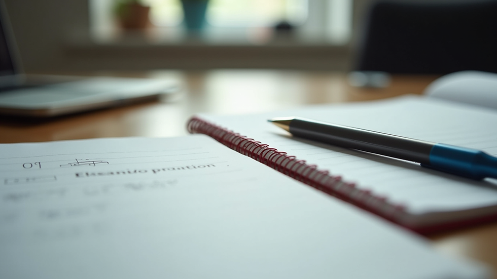 Close-up view of study materials and notes on a desk