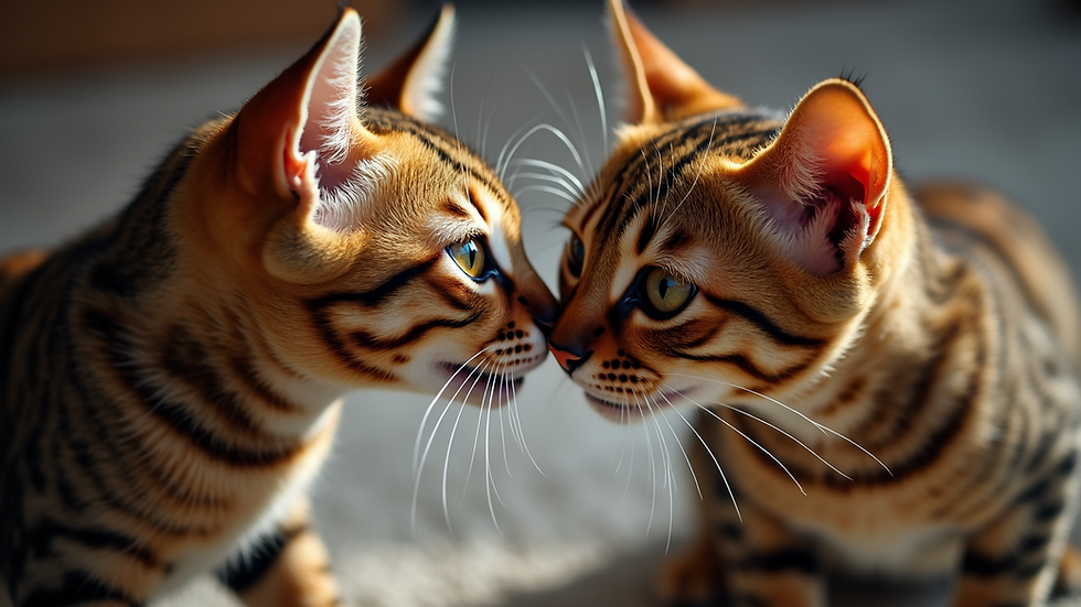 Close-up view of two Bengal cats grooming each other