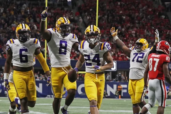 Derek Stingley celebrates after snagging an interception in the Chick-Fil-a Peach Bowl.