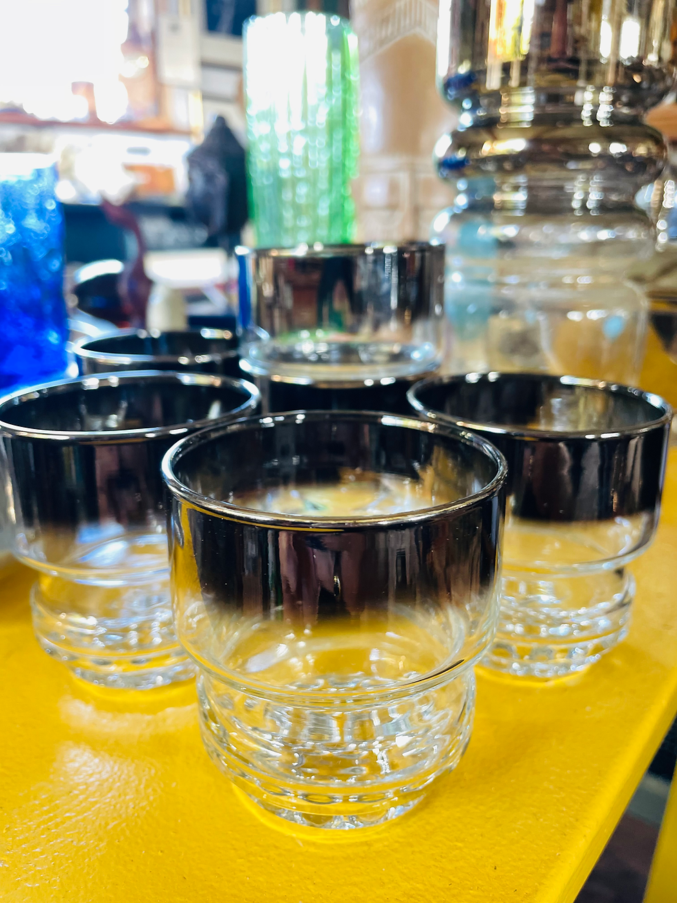 Miniature : Midcentury Silver Fade Glass Decanter & 6 Glasses 