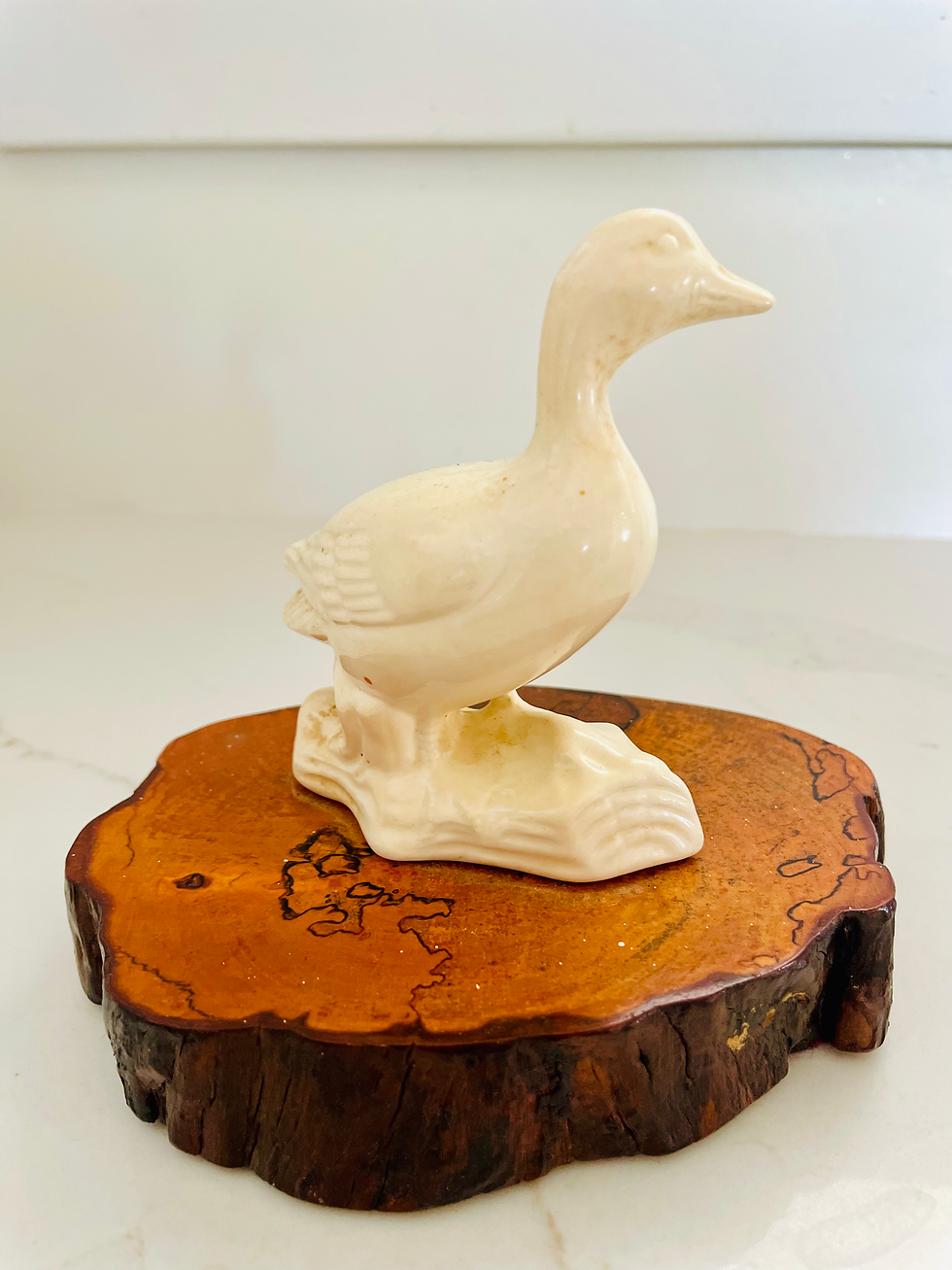 Miniature : Vintage Ceramic Goose 🪿 Figurine on Wooden Base  
