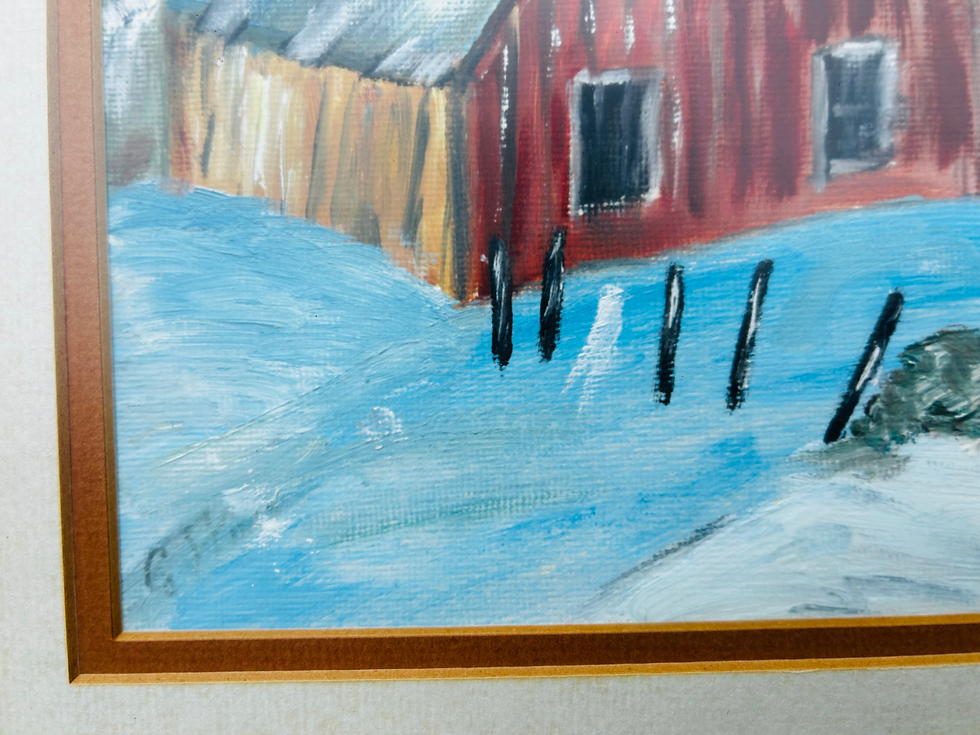 Miniature : Vintage Original Painting of a Seaside Village in Winter 