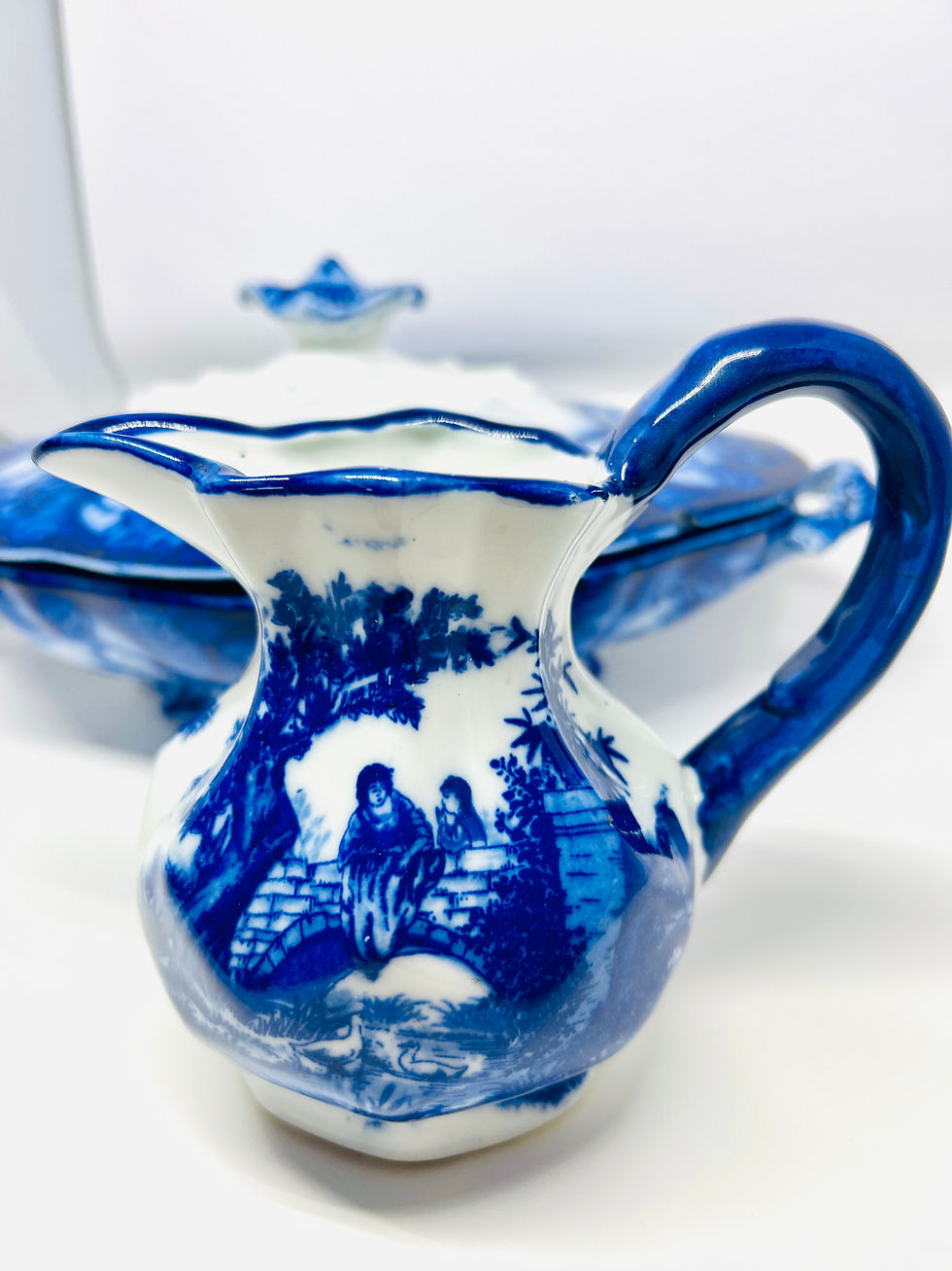 Miniature : Antique Blue Flow Victoria Ware Pitcher & Henry Alcock Covered Tureen (late 19th