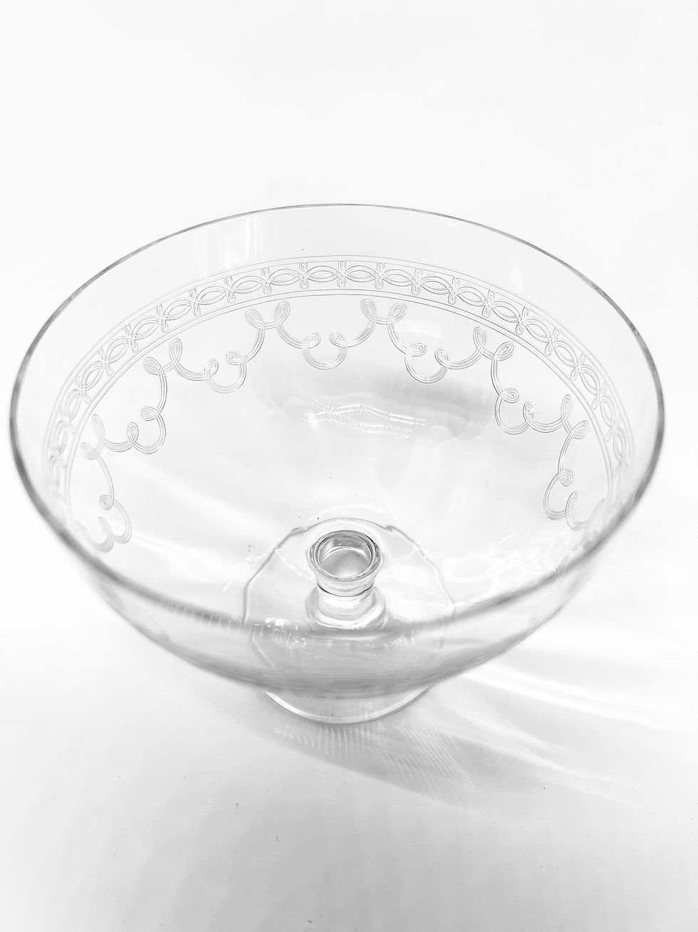Miniature : Antique Fostoria “Cloverleaf” Needle Etched Crystal Champagne Coupes — c. 1920s