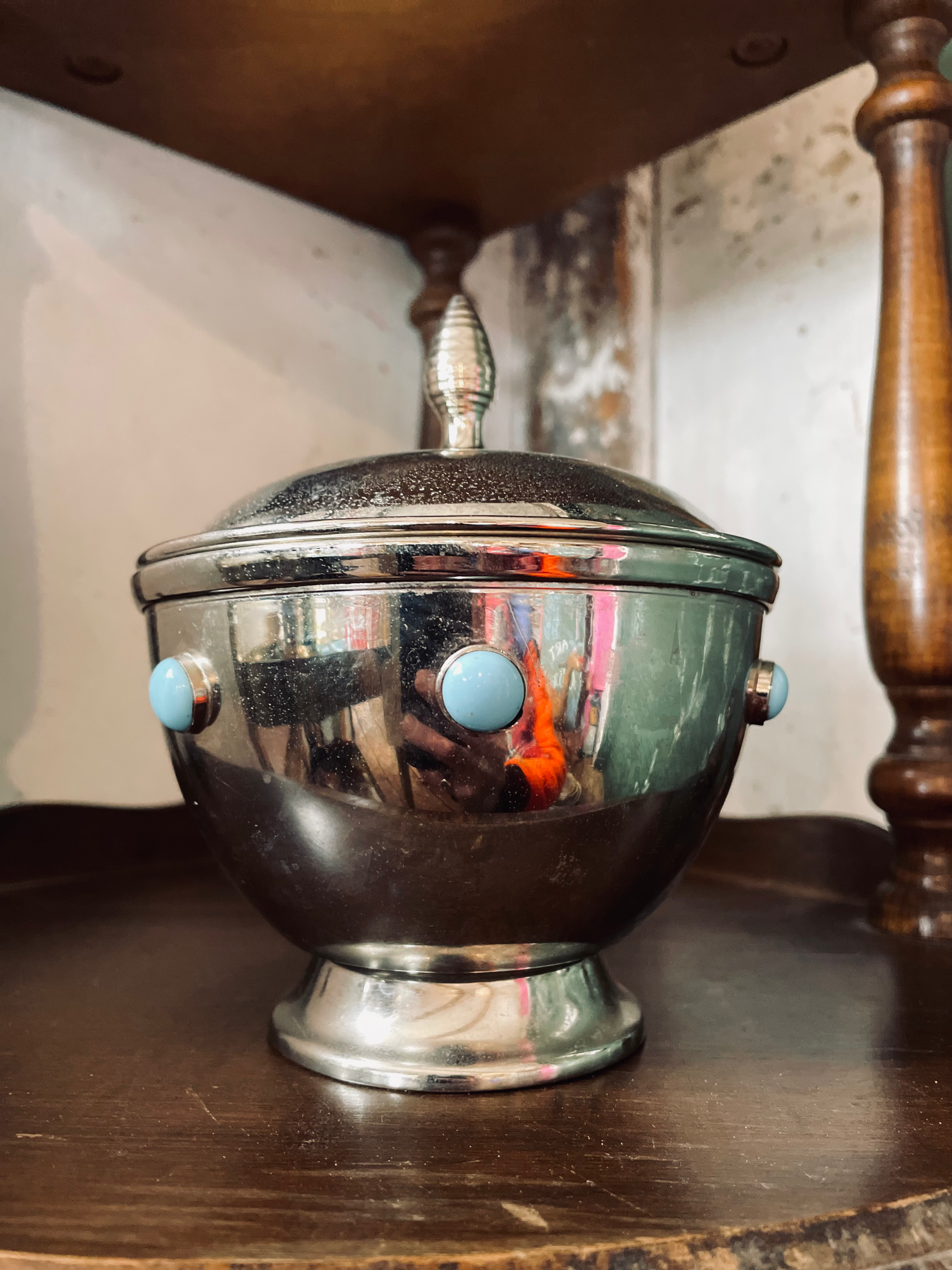 Covered Metal Bowl with Turquoise Inlay