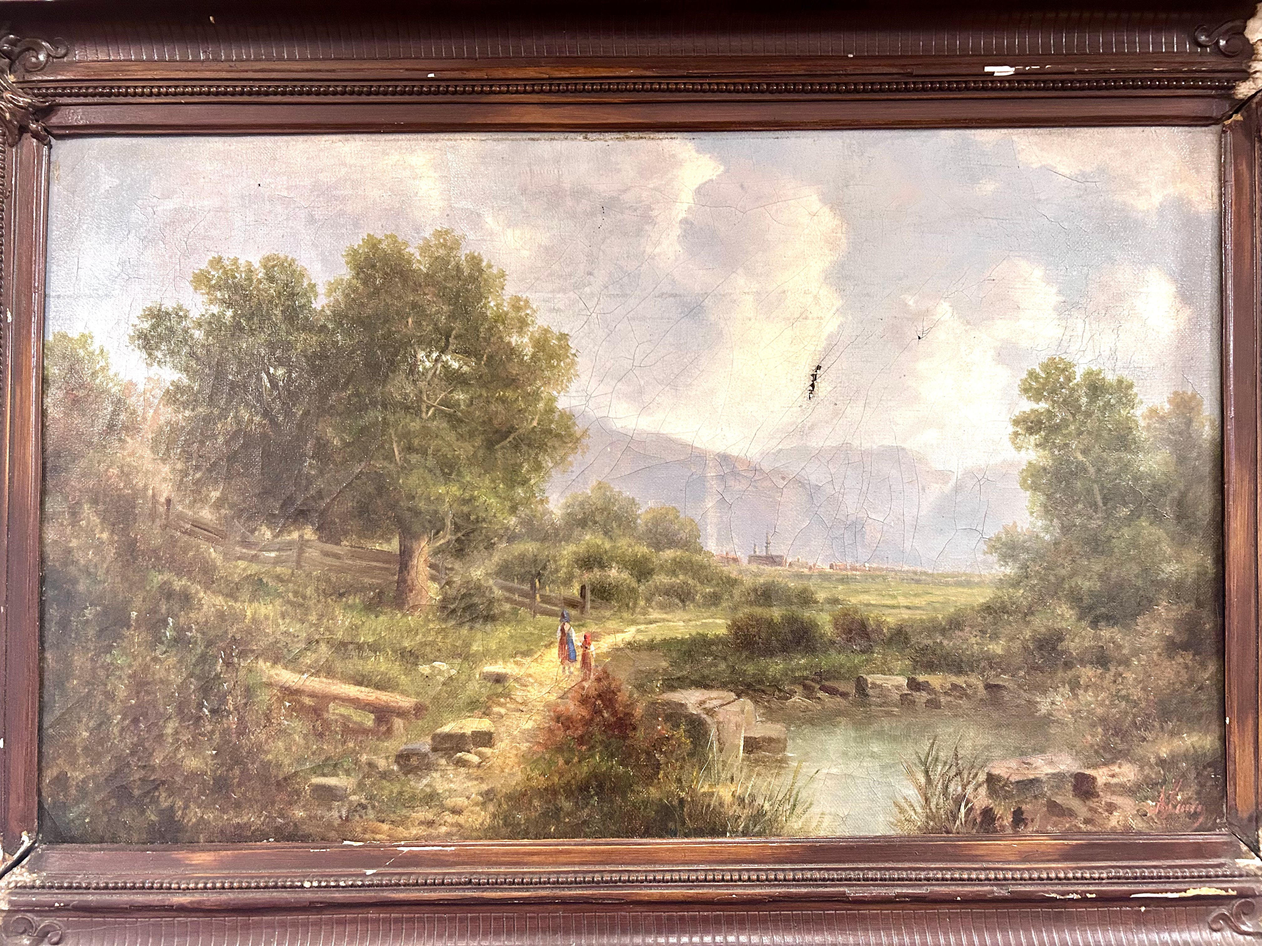 Antique French Pastoral Landscape Signed in Original Frame 