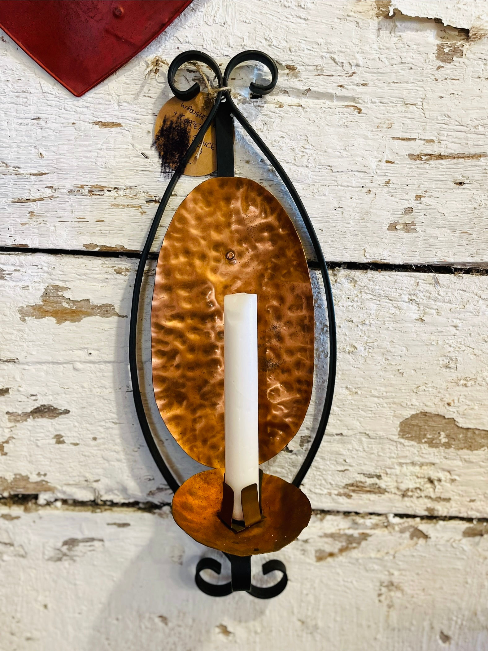 French Country Hammered Copper & Wrought Iron Wall Sconce 
