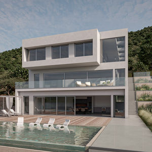 Vivienda unifamiliar en terreno con pendiente acentuada. Visualización de tres niveles que destaca la relación entre áreas sociales interiores, galería con parrilla y terraza con piscina.