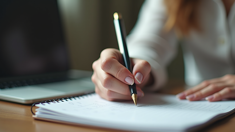 Vista a nivel de ojo de una persona escribiendo en un cuaderno durante una sesión de terapia online