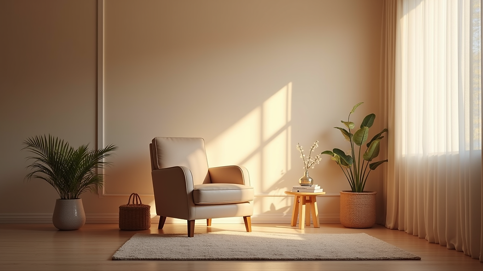 Eye-level view of a cozy therapy room with a comfortable chair and soft lighting