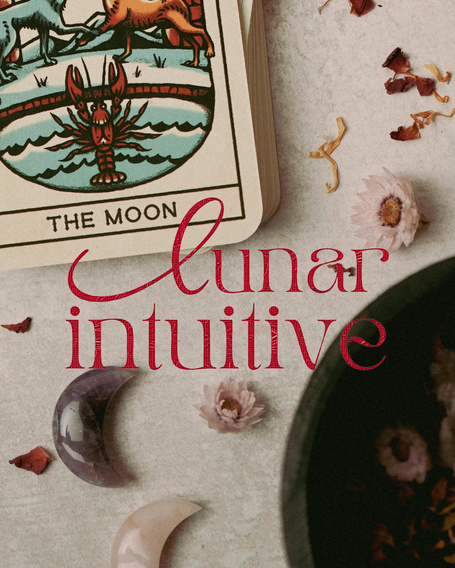 lunar intuitive red text on a tarot card background with flowers and a moonstone