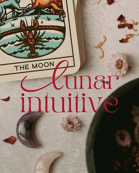 lunar intuitive red text on a tarot card background with flowers and a moonstone