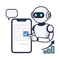 Robot booking meeting on checklist screen—lead qualification & calendar scheduling.