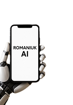 Robot hand holding smartphone with ‘Romaniuk AI’—visual for 24/7 Sales-Service Bot solution.