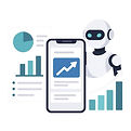 Icon of smartphone and analytics charts with mini robot—AI Sales & Service Analytics feature.