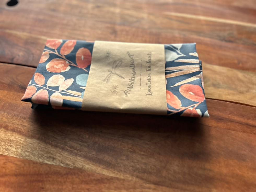 Thumbnail: Gum Blossom Leaves - Full Colour on Navy - Tea Towel (Allover Print)