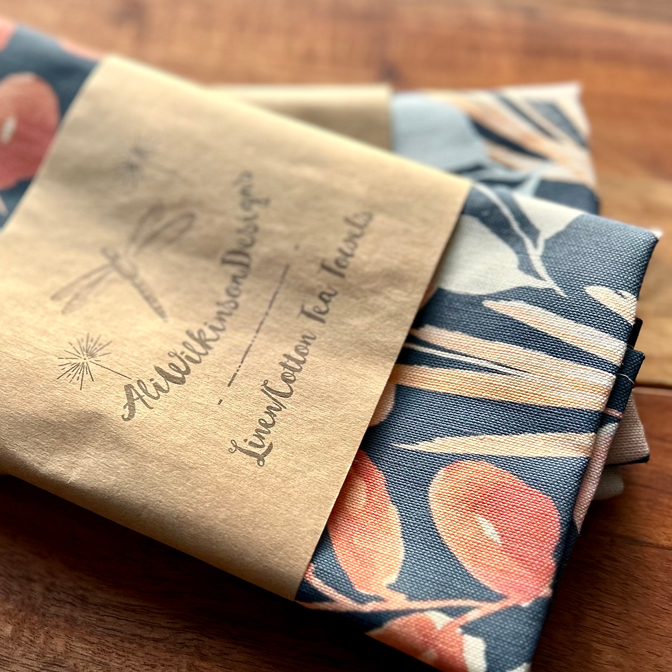 Thumbnail: Gum Blossom Leaves - Full Colour on Navy - Tea Towel (Allover Print)