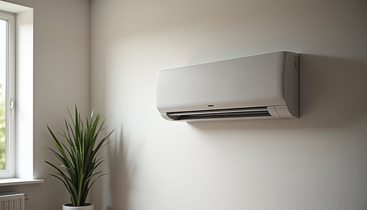 Eye-level view of a modern split system air conditioning unit installed on a London flat wall