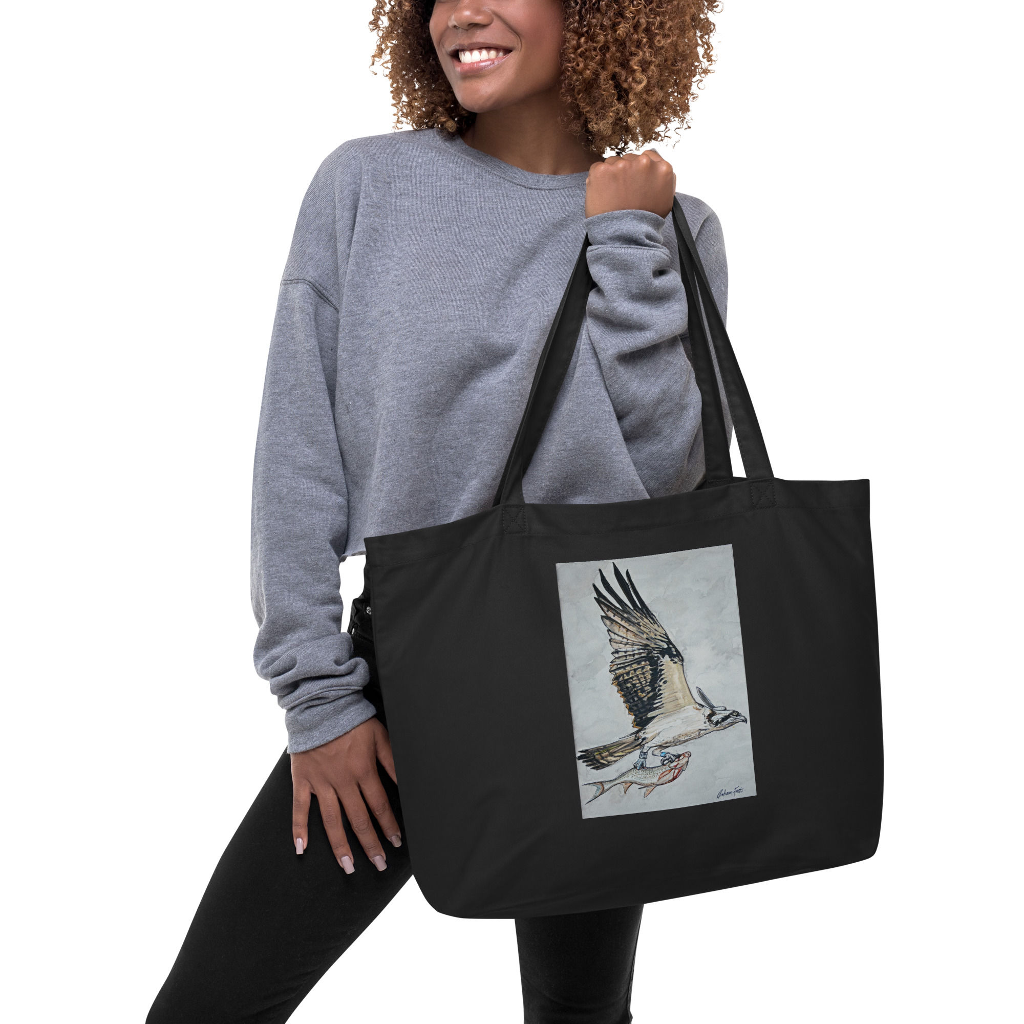 Large organic tote bag - 'Opsrey, Catch of the day!'