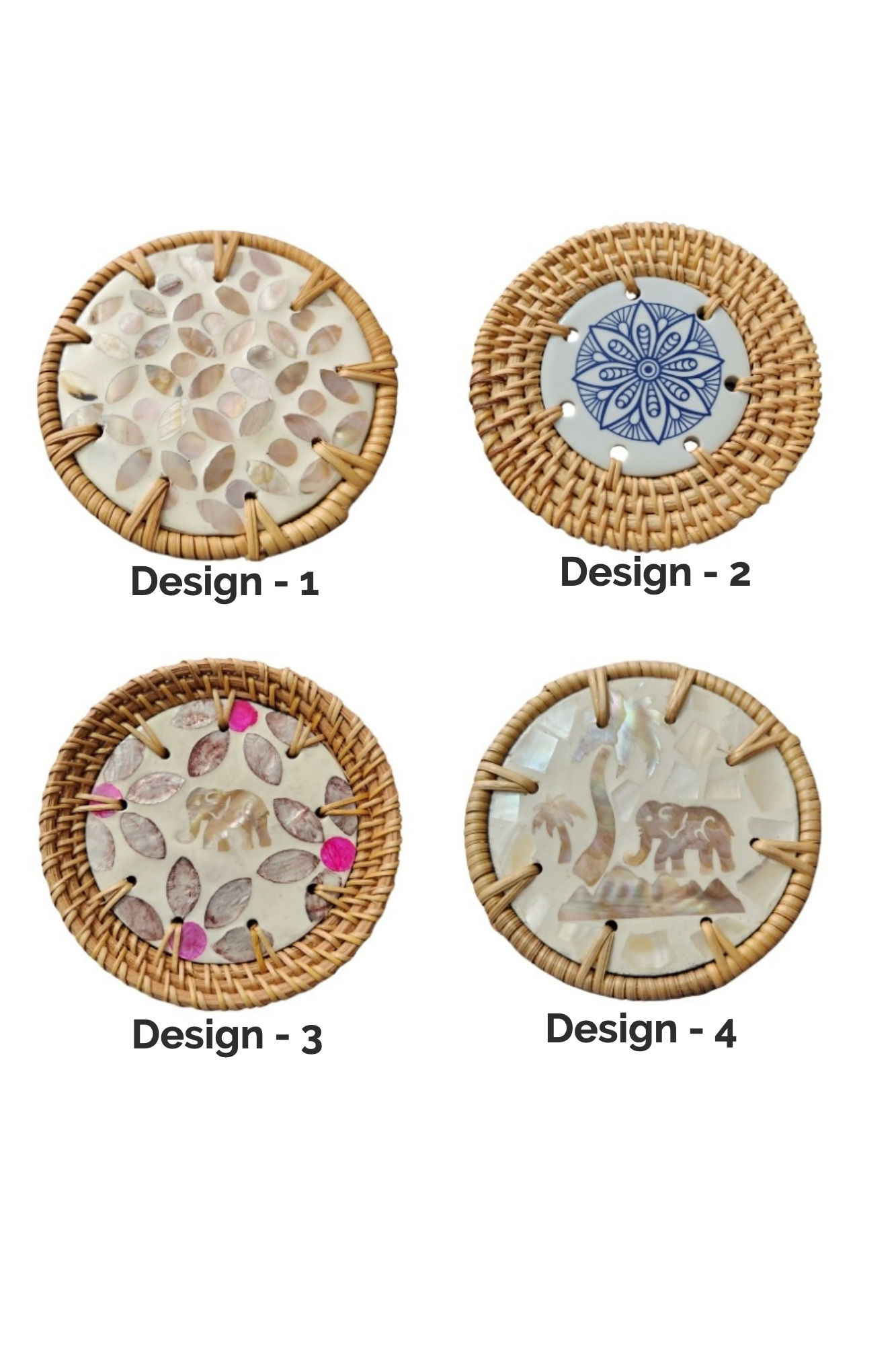 H&L - Set of 4 | Round Handcrafted Coaster with a Natural Rattan Border