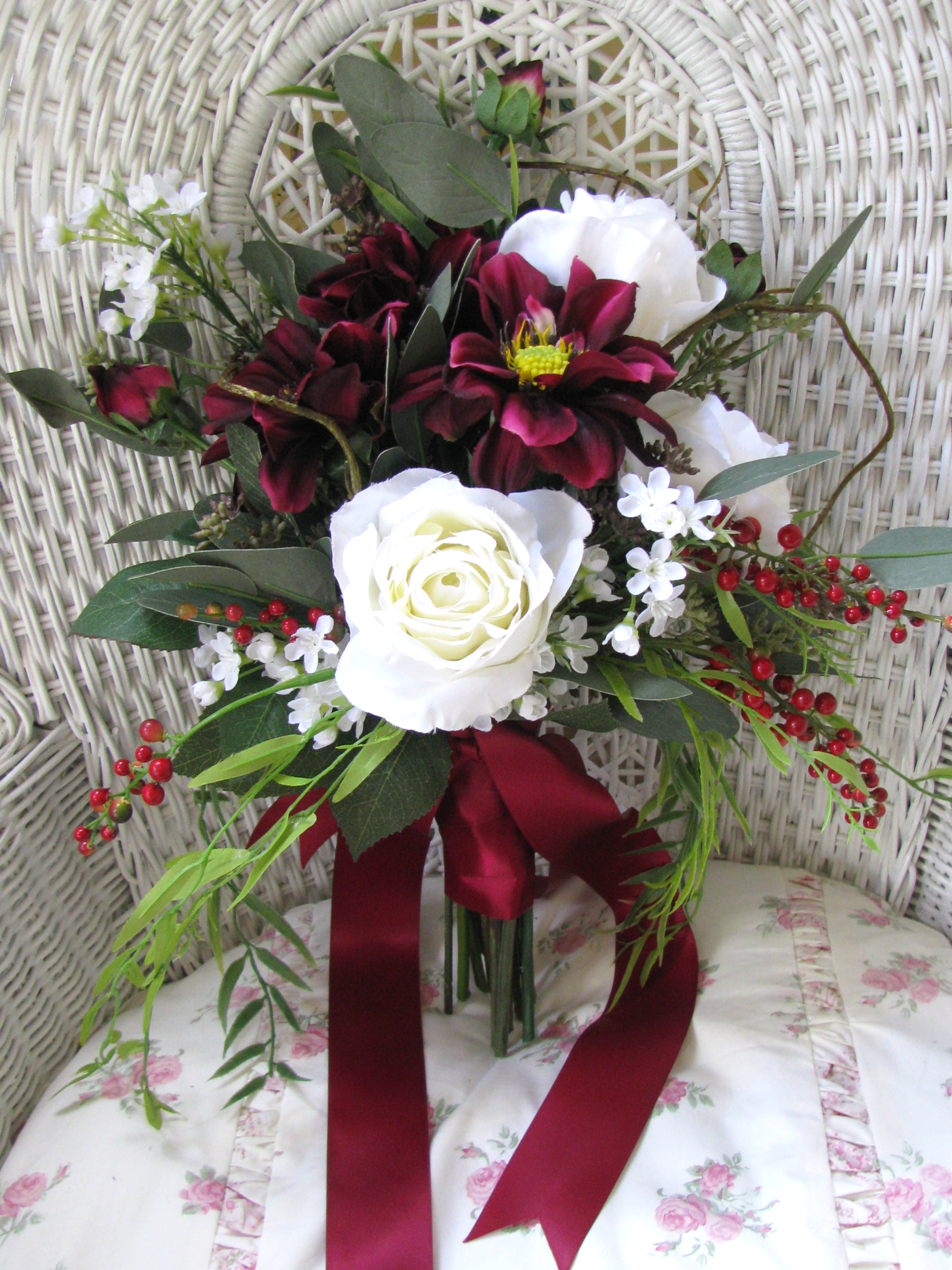 Rose Dahlia Marsala Burgundy Woodland BoHo Hand Tied Silk Wedding Bouquet