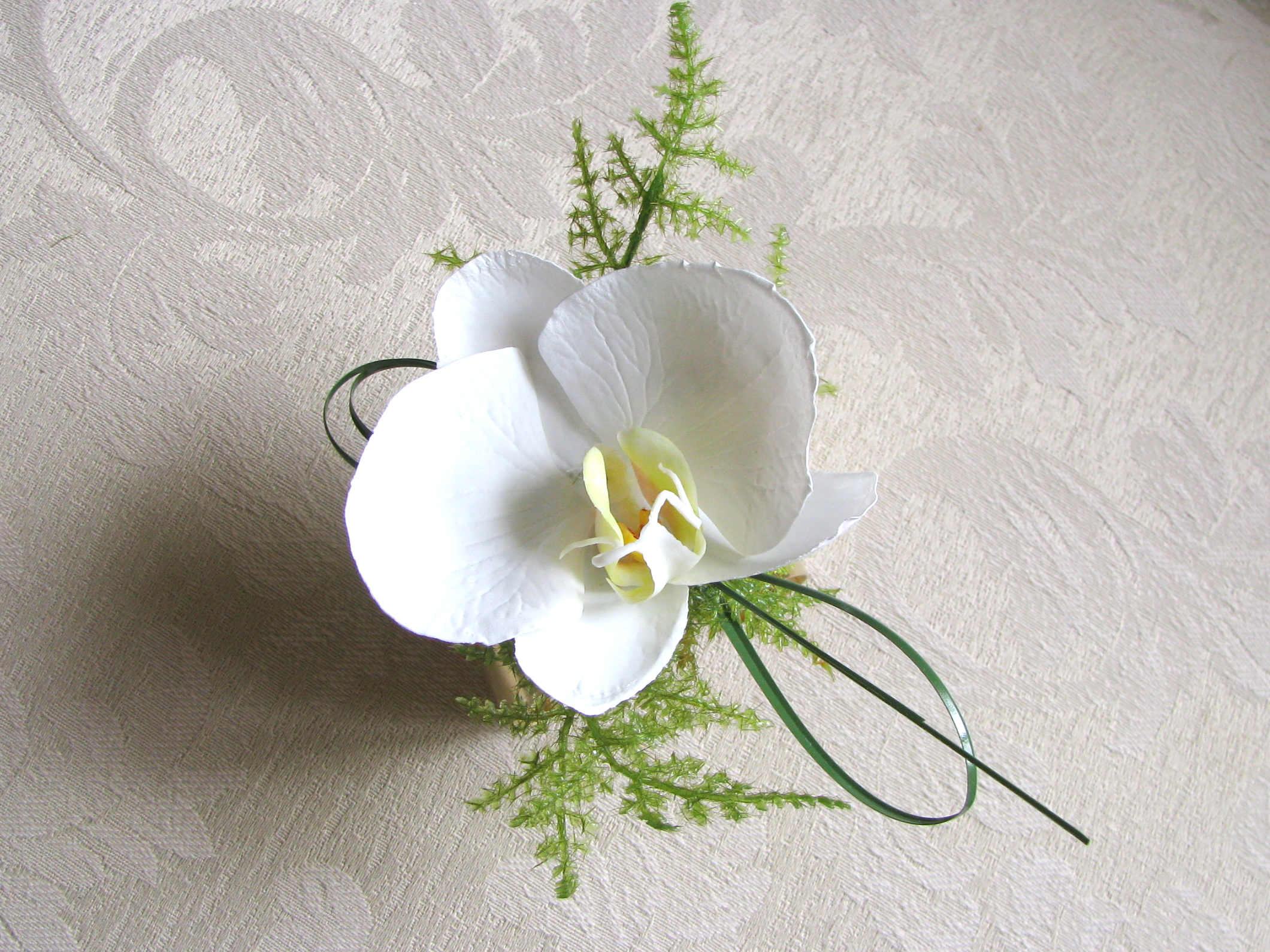 Silk Phalaenopsis Orchid Wrist Corsage on Gold Tone Cuff Bracelet in Corsage Box