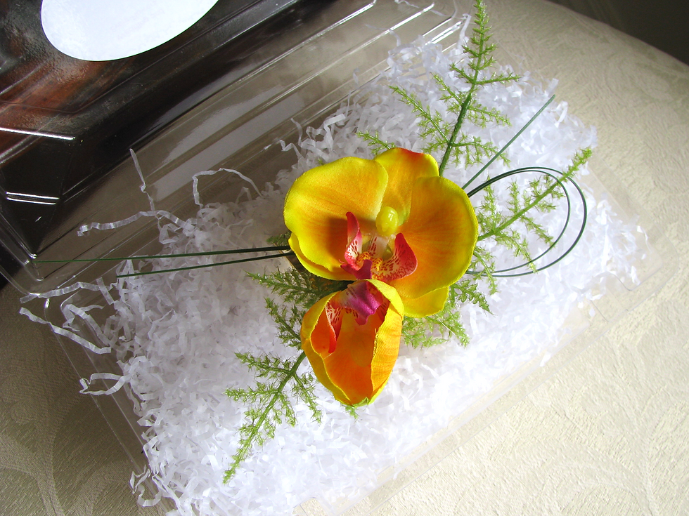 Thumbnail: Silk Phalaenopsis Orchid Wrist Corsage on Gold Tone Cuff Bracelet in Corsage Box