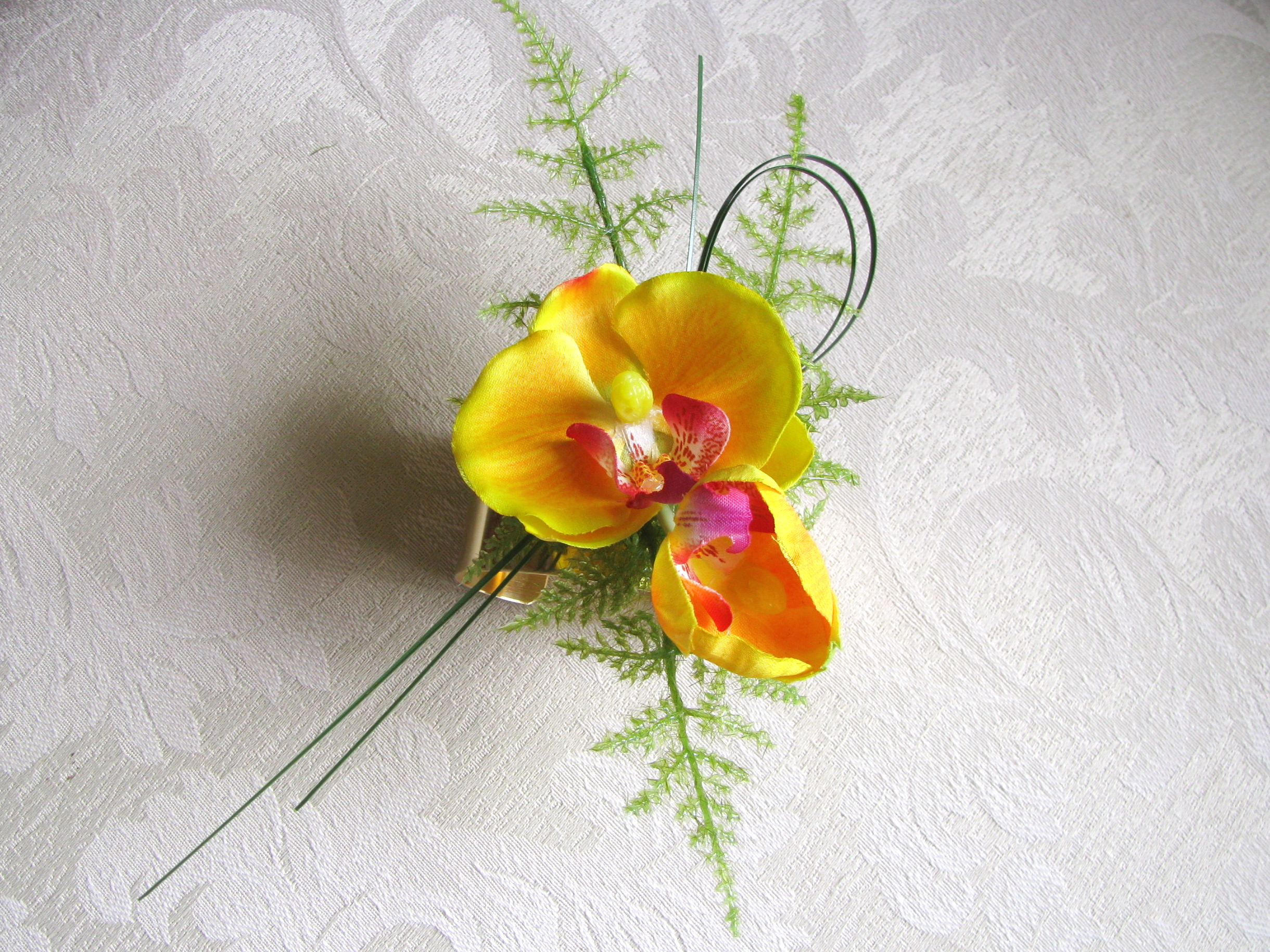 Silk Phalaenopsis Orchid Wrist Corsage on Gold Tone Cuff Bracelet in Corsage Box