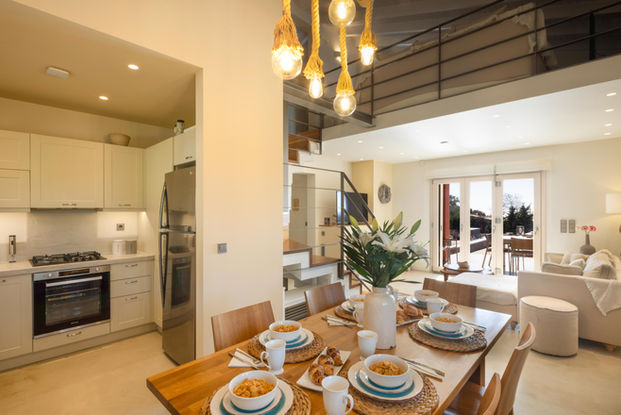 Modern open-plan seaside villa in Corfu interior.
