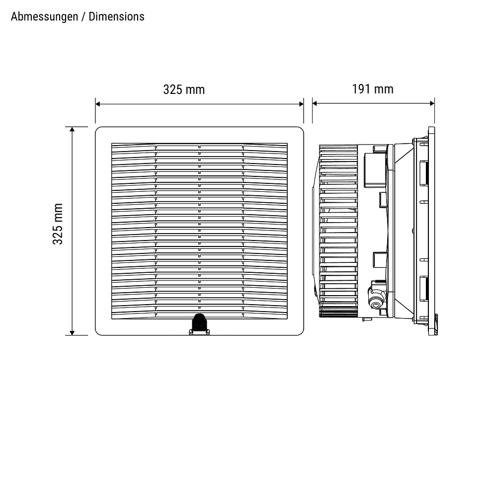 Miniaturbild: Abmessung Filterlüfter 940m³/h, 325×325×191mm