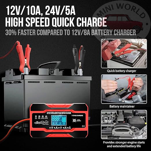 Thumbnail: Car Battery Charger 10-Amp 12V and 24V Smart Battery Charger LCD Display