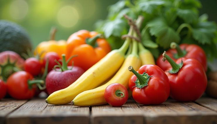 Close-up view of fresh fruits and vegetables on a wooden table