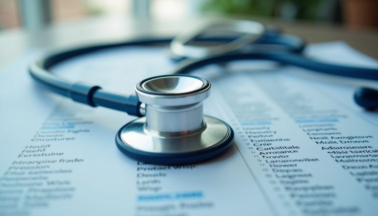 Eye-level view of a stethoscope resting on a medical chart with various specialty names