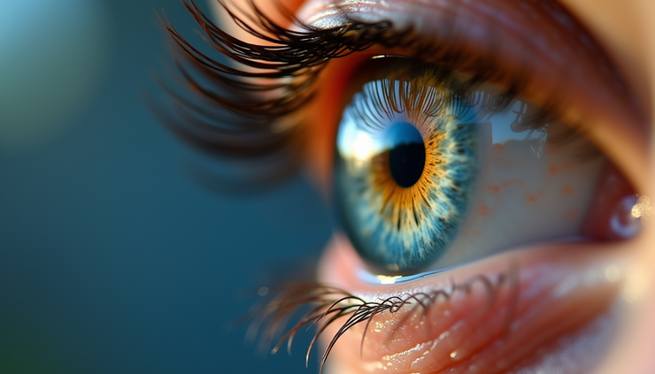 Close-up view of an iris showing detailed patterns and colors