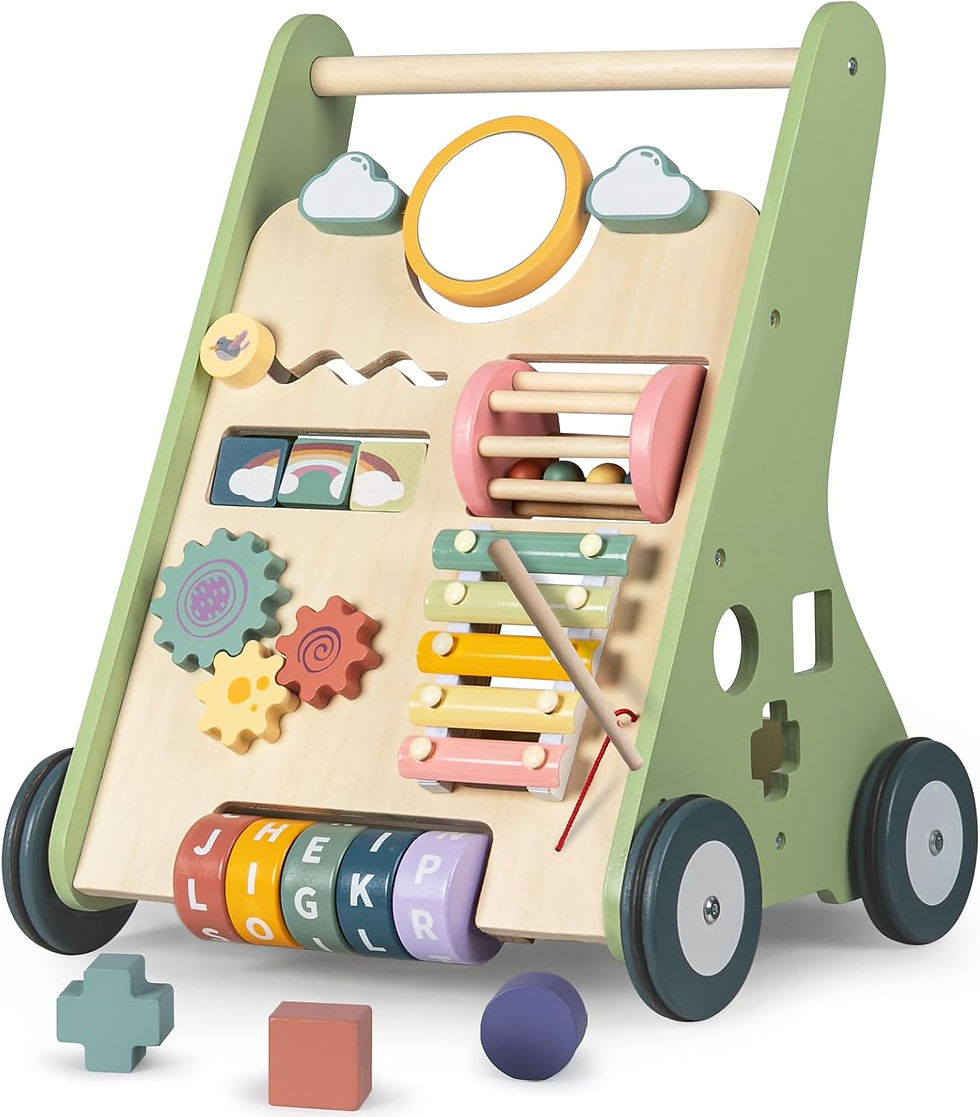 Wooden Montessori baby walker with activity board, designed to support balance, coordination, and early walking skills for babies ages 0–12 months.