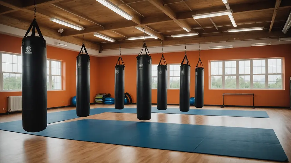 Eye-level view of a self-defense training space with mats and equipment