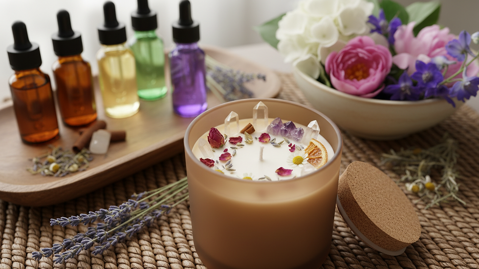 Eye-level view of a soy wax candle topped with crystals and dried botanicals