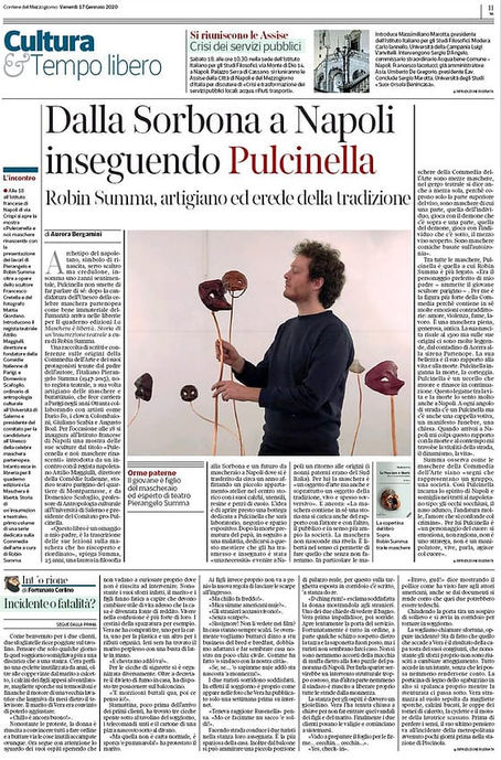 Article from Aurora Bergamini for Corierre della sera (Mezzogiorno) on Robin Summa about la commedia dell'arte italian masks Naples teatre