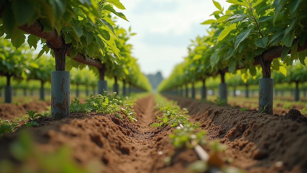 Eye-level view of agricultural trellis system supported by auger anchors