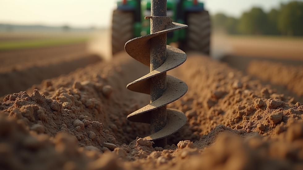 Eye-level view of earth auger anchor installation on farm