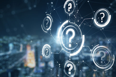 Abstract glowing question marks interface on blurry night city background. Technology, faq