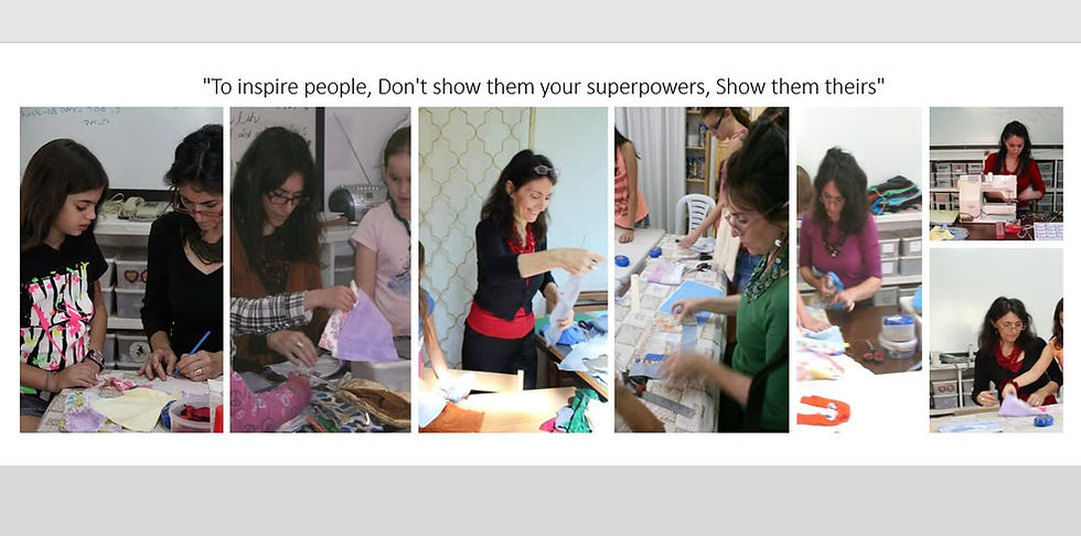 A collection of pictures showing a sewing teacher working with a sewing machine and children