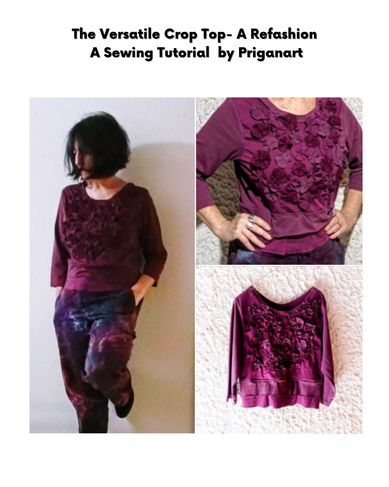 upcycled crop to worn by girl in fuschia color with fabric flowers for a tutorial