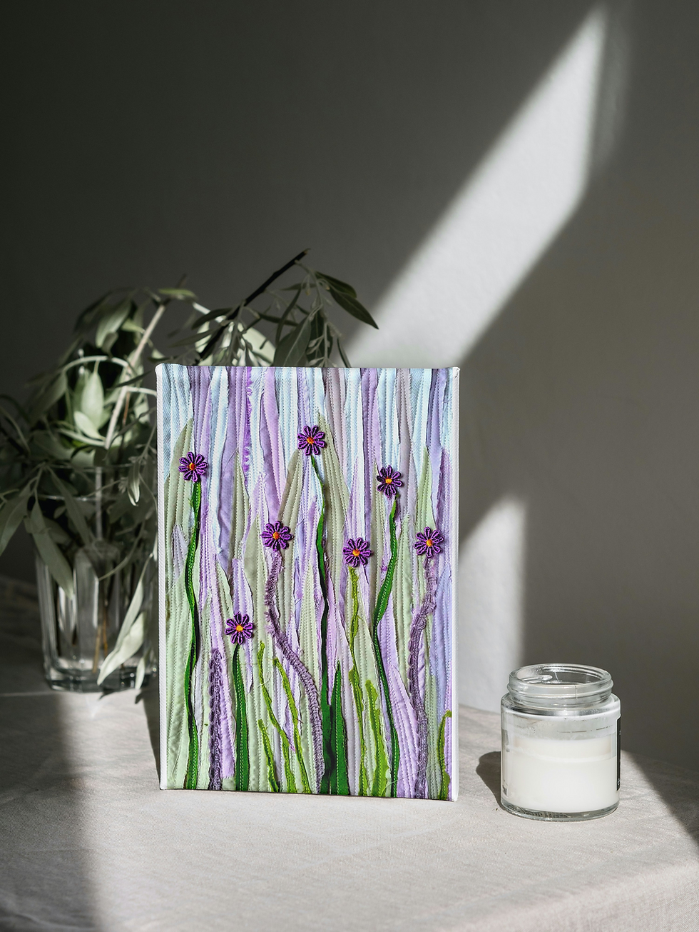 Thumbnail: digital art landscape quilt picture of a pink and green floral fragment art quilt